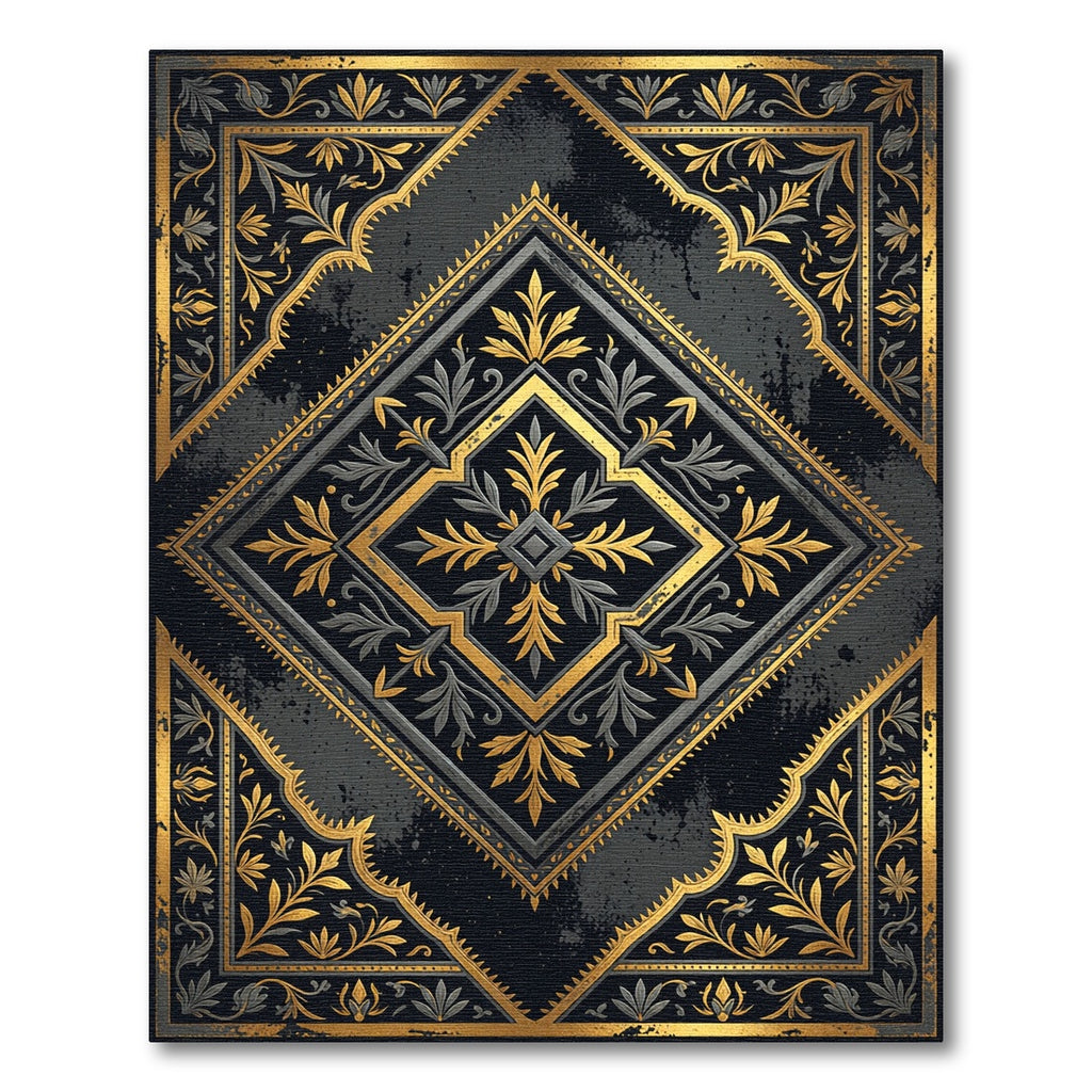 Ornate Gold Black Damask Diamond Medallion Rug