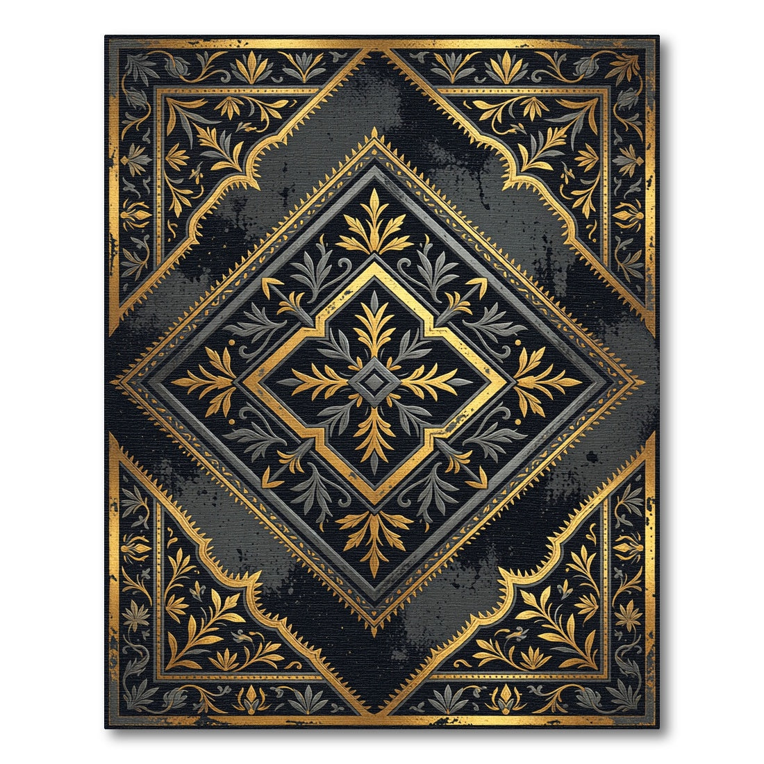 Ornate Gold Black Damask Diamond Medallion Rug