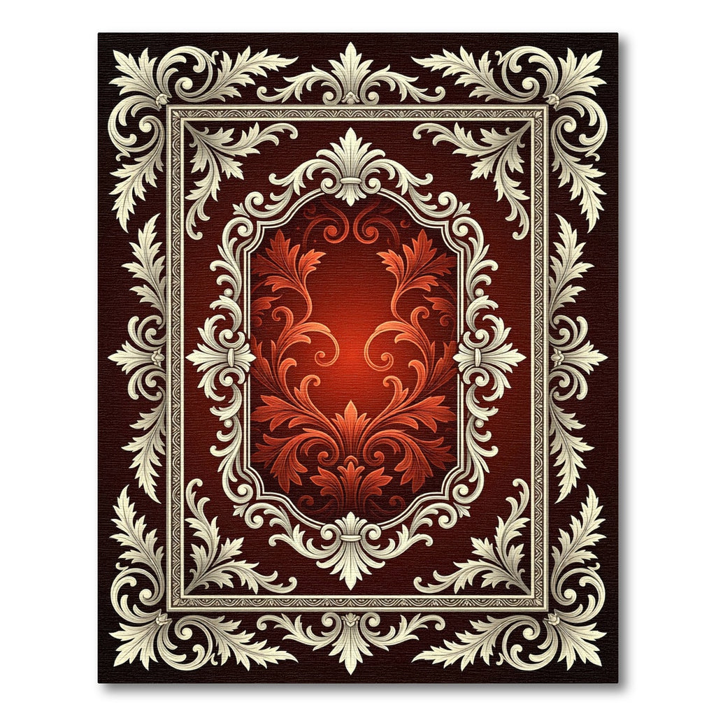 Ornate Crimson Floral Scrollwork Rug