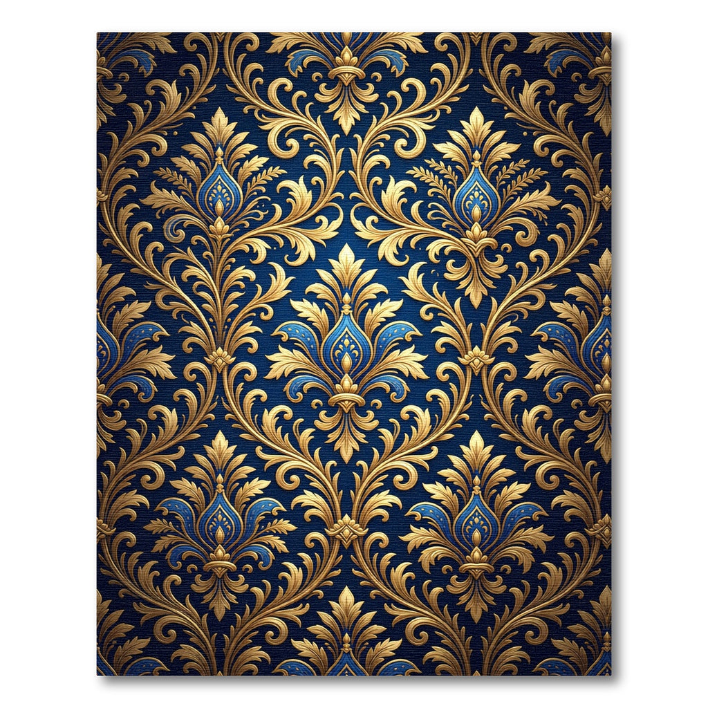 Royal Blue Gold Damask Ornate Scroll Rug