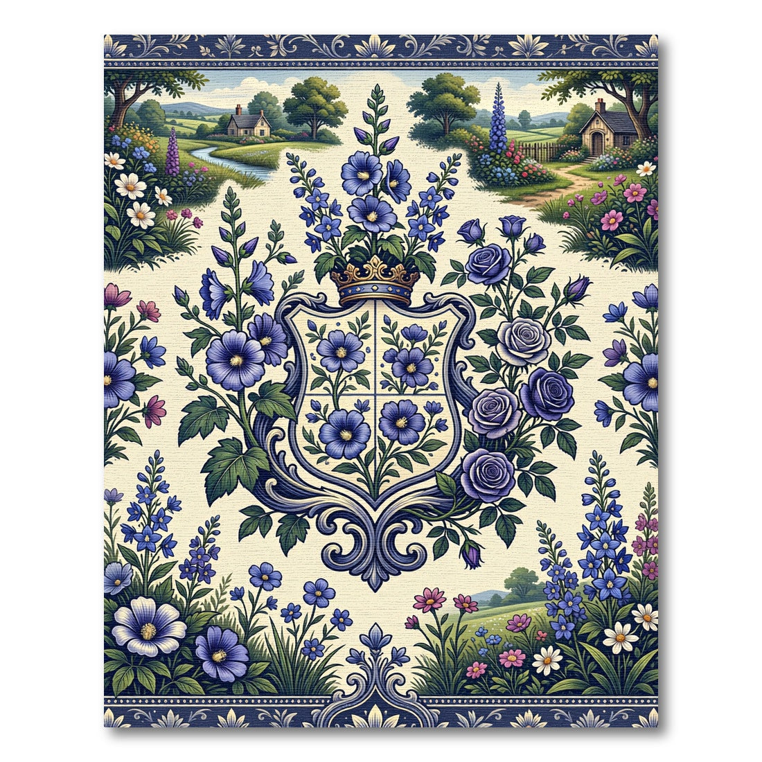 Empress Blue Floral Crest Garden Rug