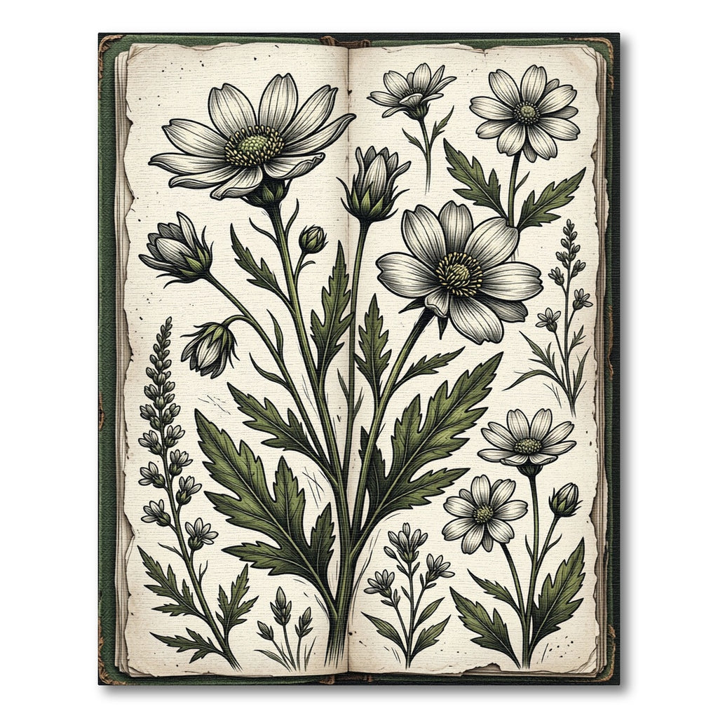 Vintage Botanical White Daisy Sketch Rug