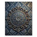 Ornate Navy Gold Damask Medallion Rug