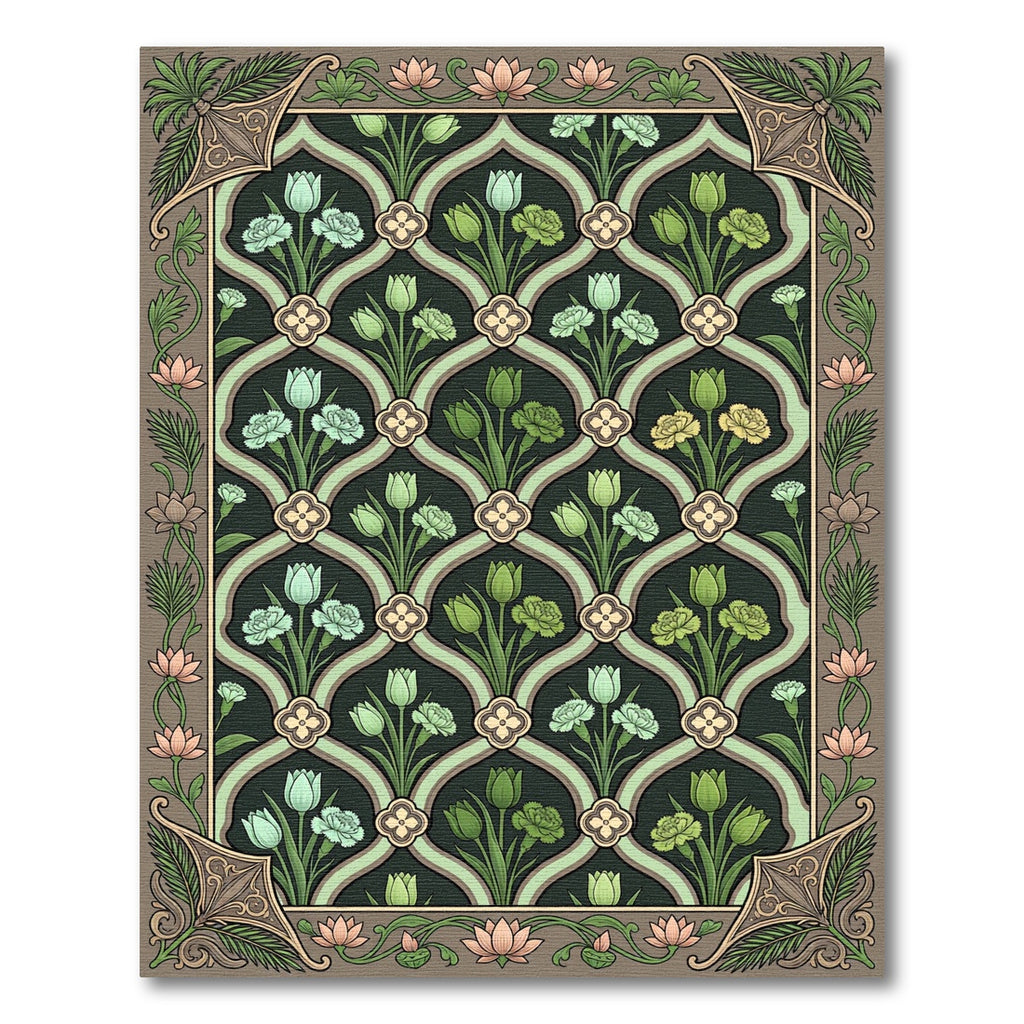 Dark Green Floral Lattice Tulips Rug
