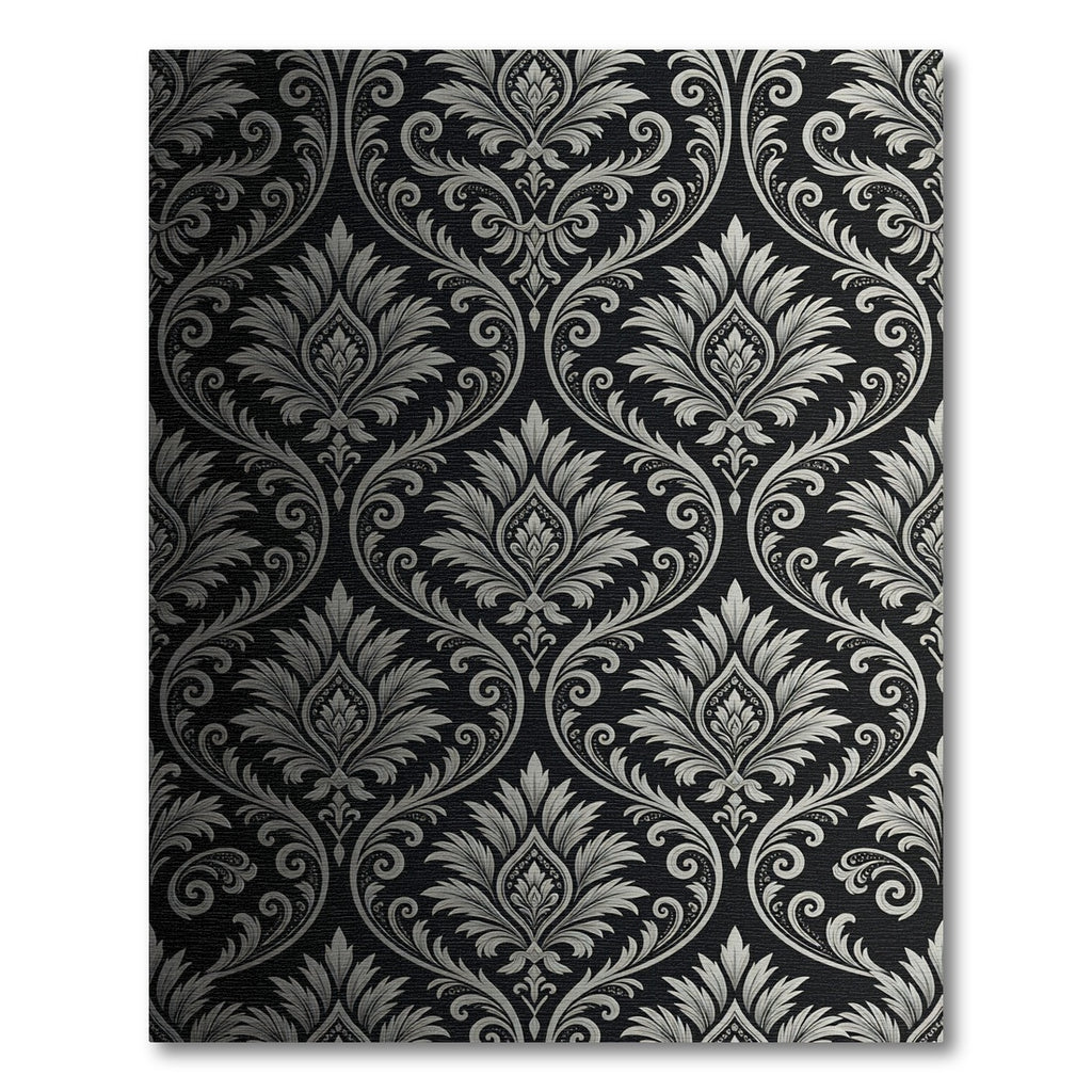 Elegant Silver Damask Charcoal Monochrome Rug