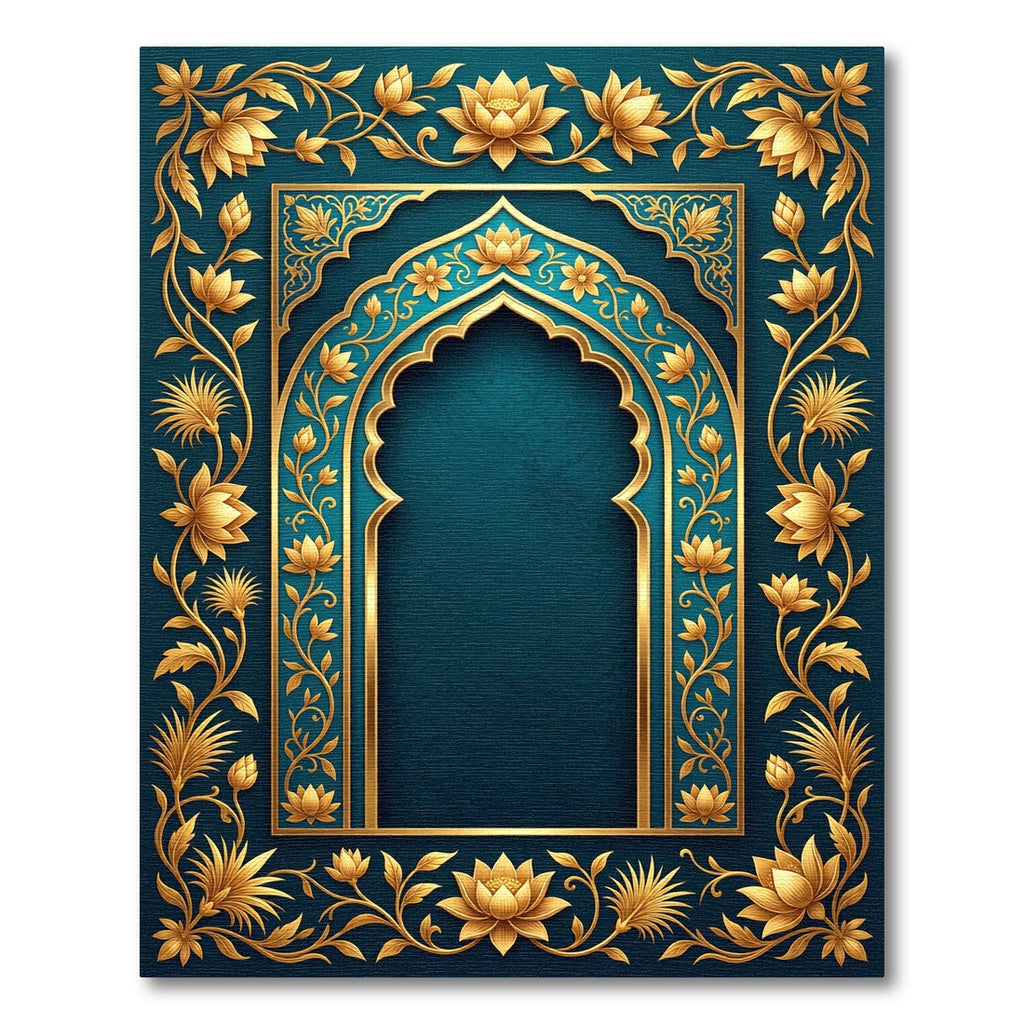 Ornate Teal and Gold Lotus Arch Rug