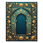 Ornate Teal and Gold Lotus Arch Rug