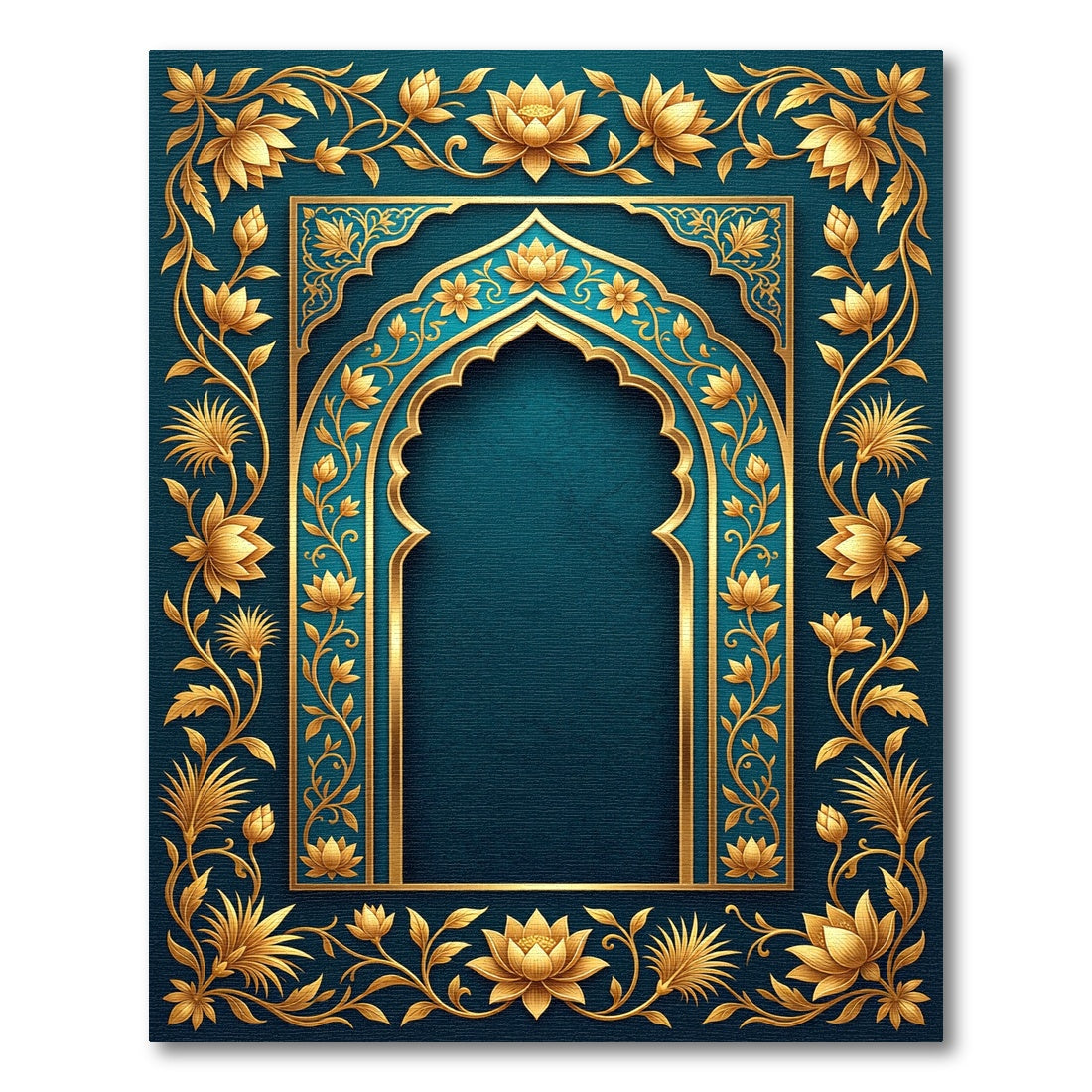 Ornate Teal and Gold Lotus Arch Rug