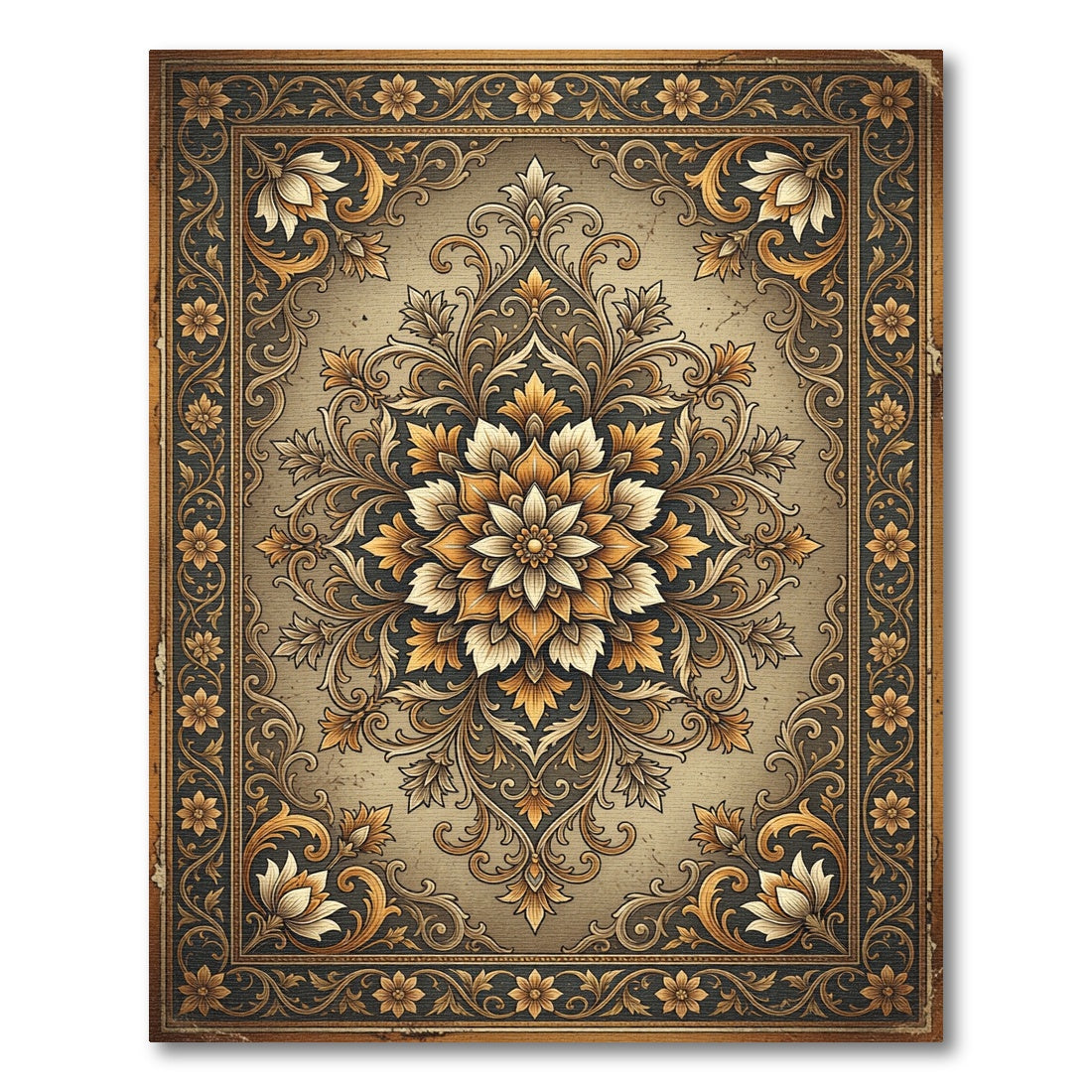 Golden Floral Medallion Scrollwork Area Rug