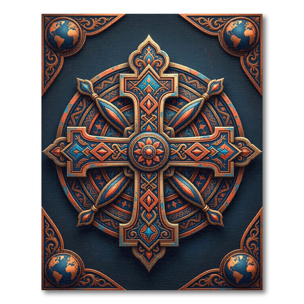 Ornate Copper Blue Compass Cross Medallion Rug