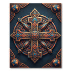 Ornate Copper Blue Compass Cross Medallion Rug