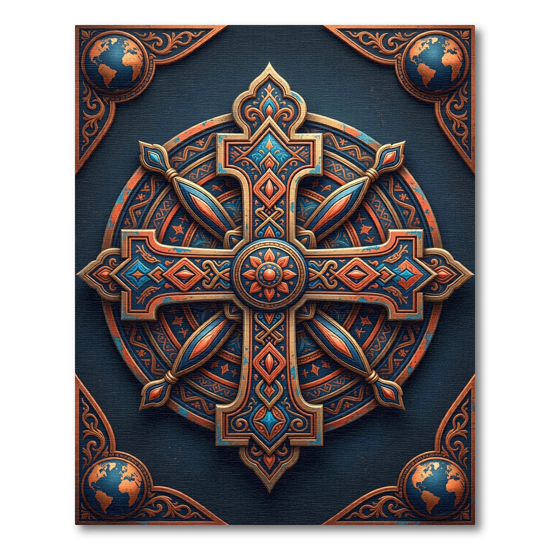 Ornate Copper Blue Compass Cross Medallion Rug