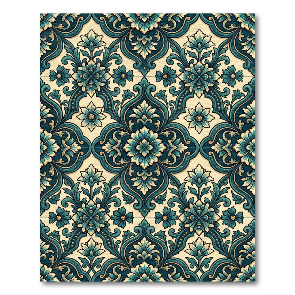 Ornate Teal Floral Damask Medallion Rug