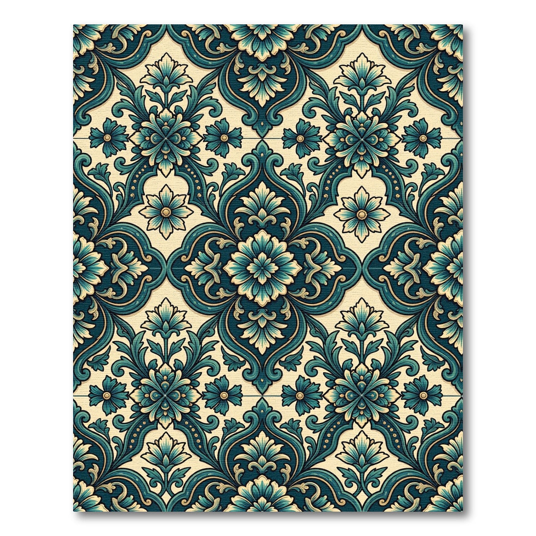 Ornate Teal Floral Damask Medallion Rug