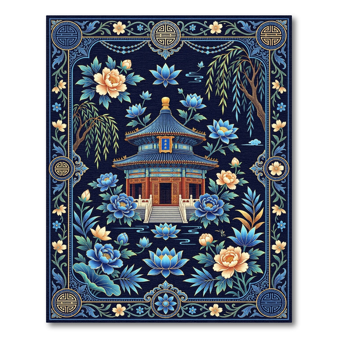 Imperial Blue Pagoda Floral Arrangement Rug
