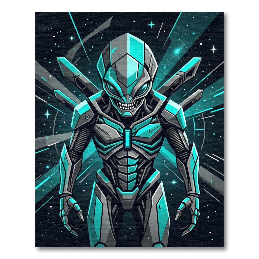 Neon Cybernetic Alien Android Warrior Rug