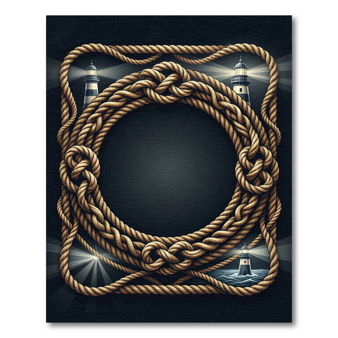 Nautical Rope Lighthouse Scene Frame Rug