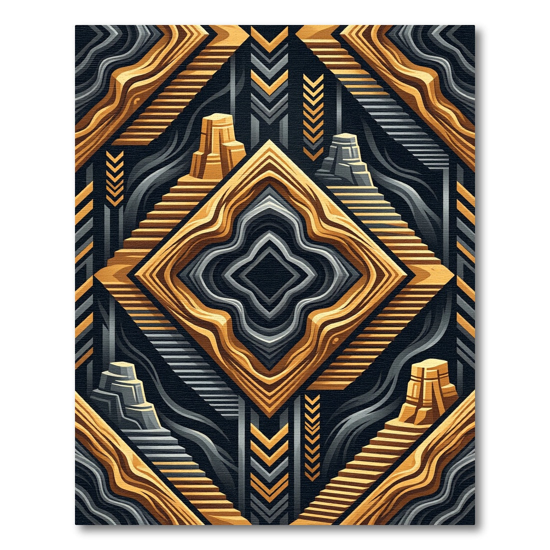 Gold and Slate Geometric Step Abstract Rug