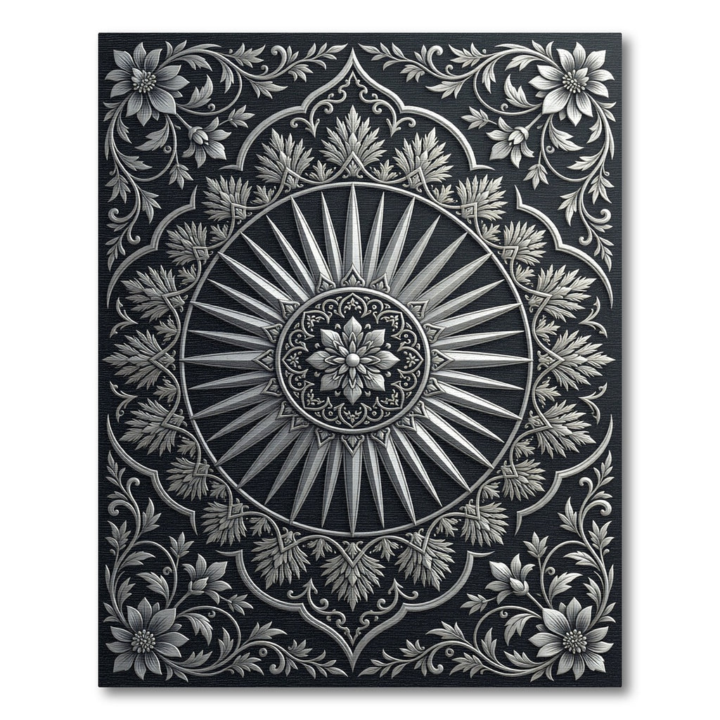 Silver Floral Sunburst Mandala Rug