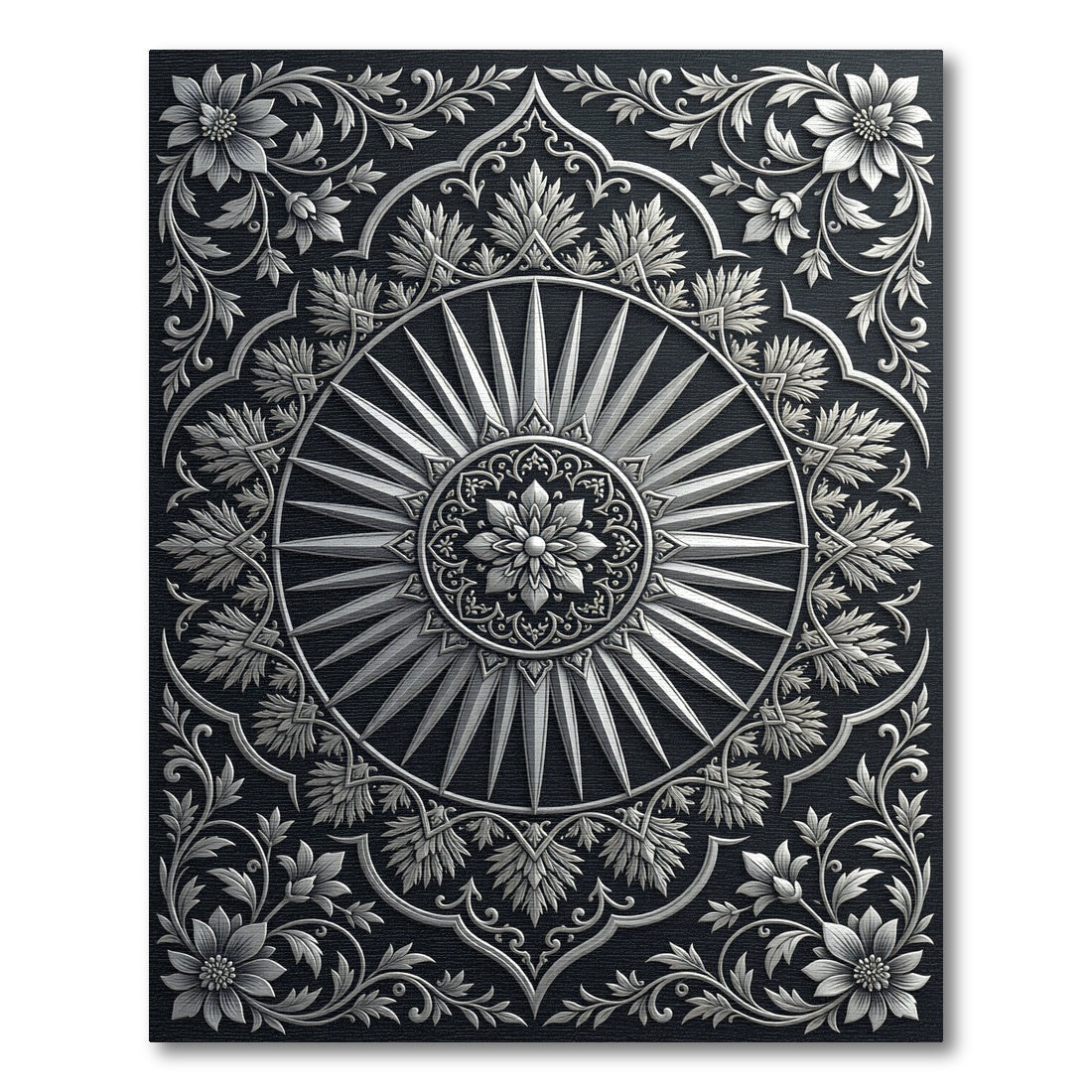 Silver Floral Sunburst Mandala Rug