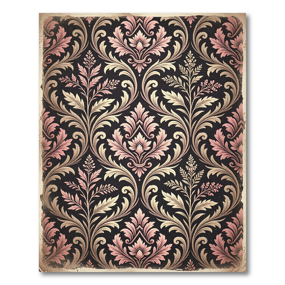 Rosy Pink Black Floral Damask Rug