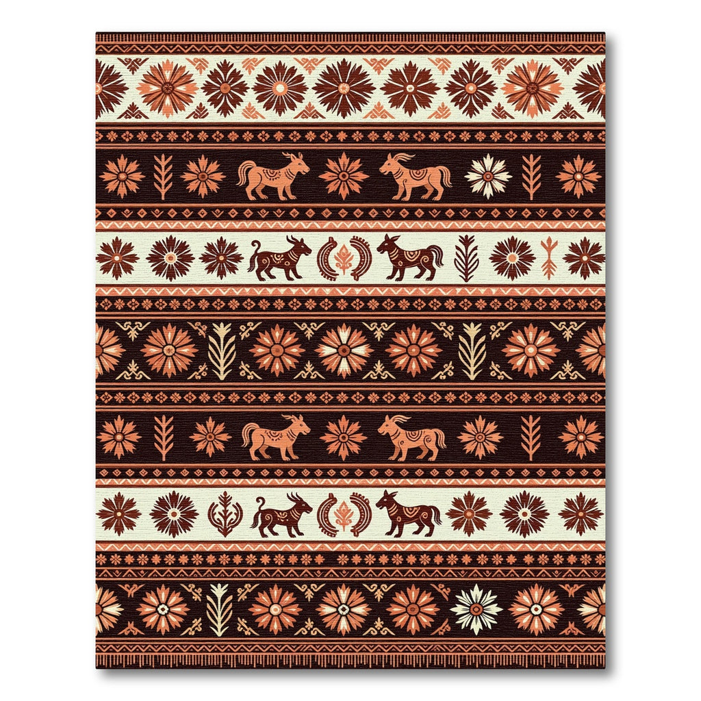 Earthy Terracotta Folk Floral Animal Stripe Rug