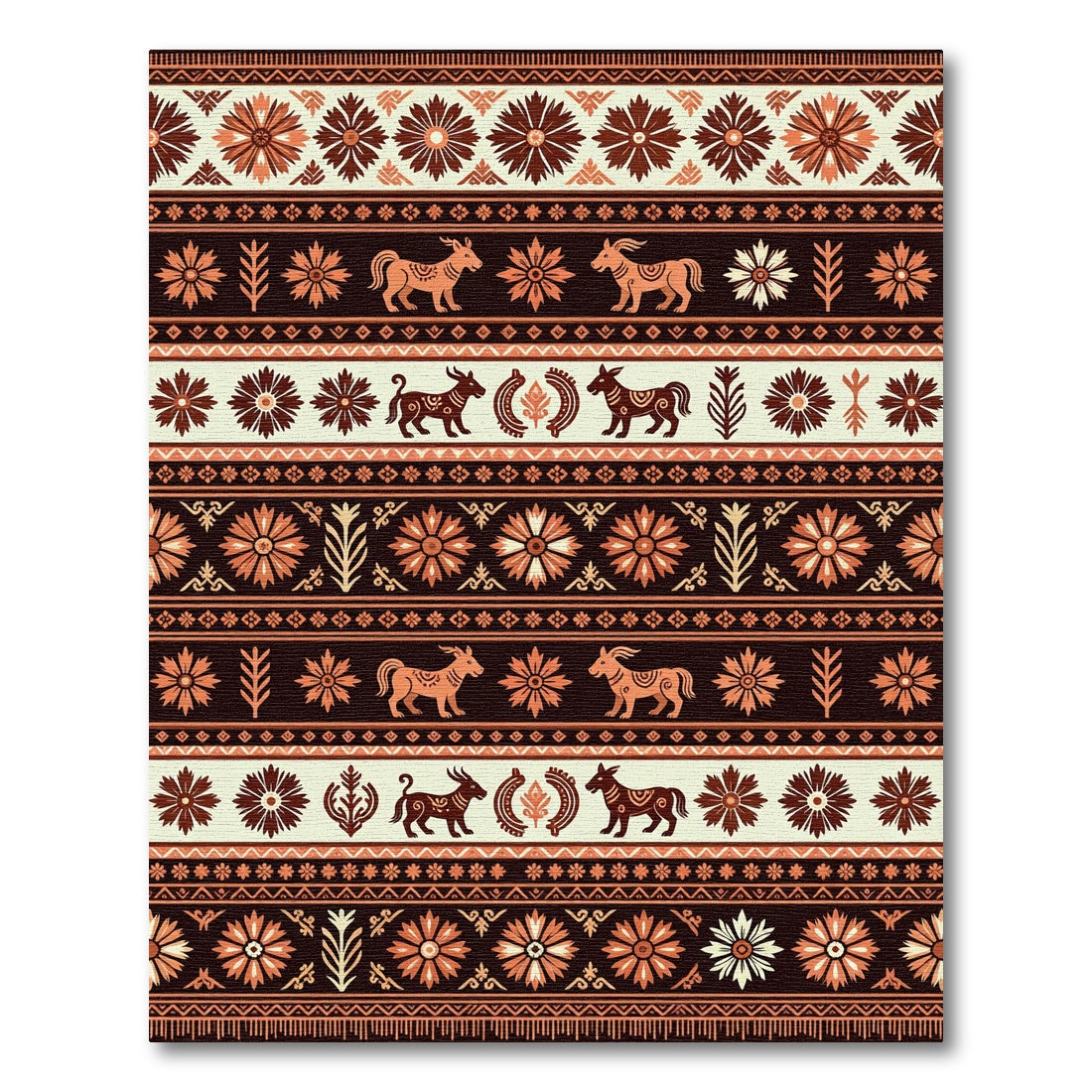 Earthy Terracotta Folk Floral Animal Stripe Rug