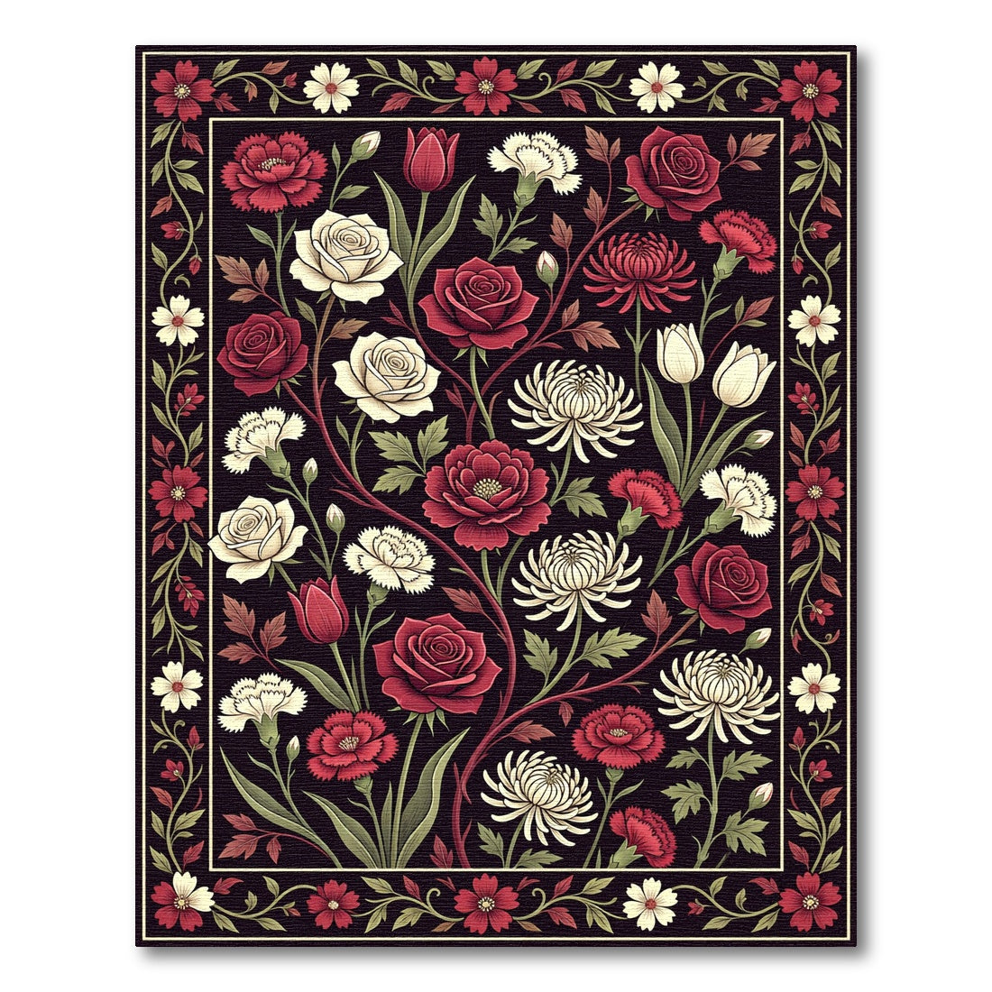 Rich Crimson Floral Garden Botanical Rug