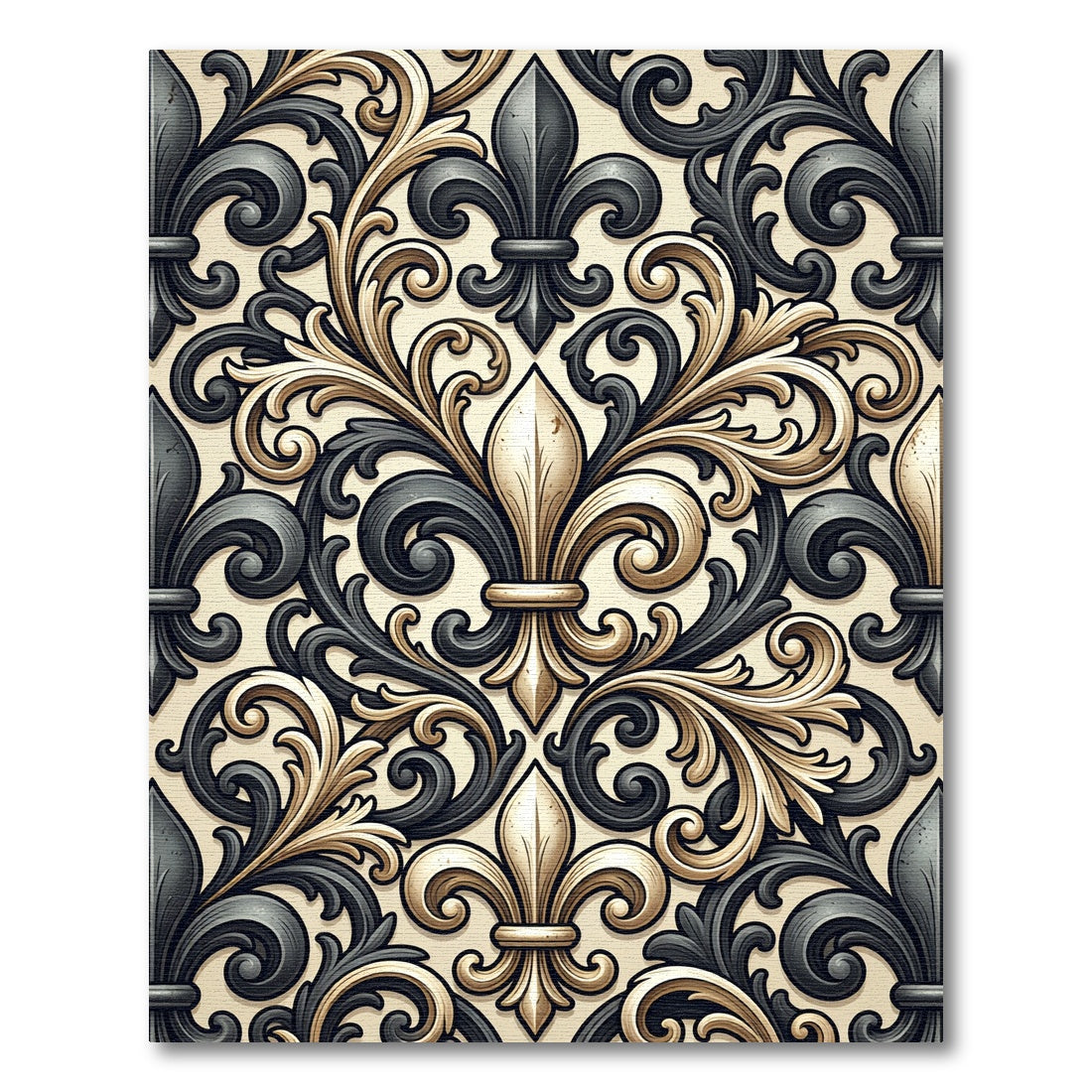 Elegant Gold and Charcoal Fleur-de-lis Rug