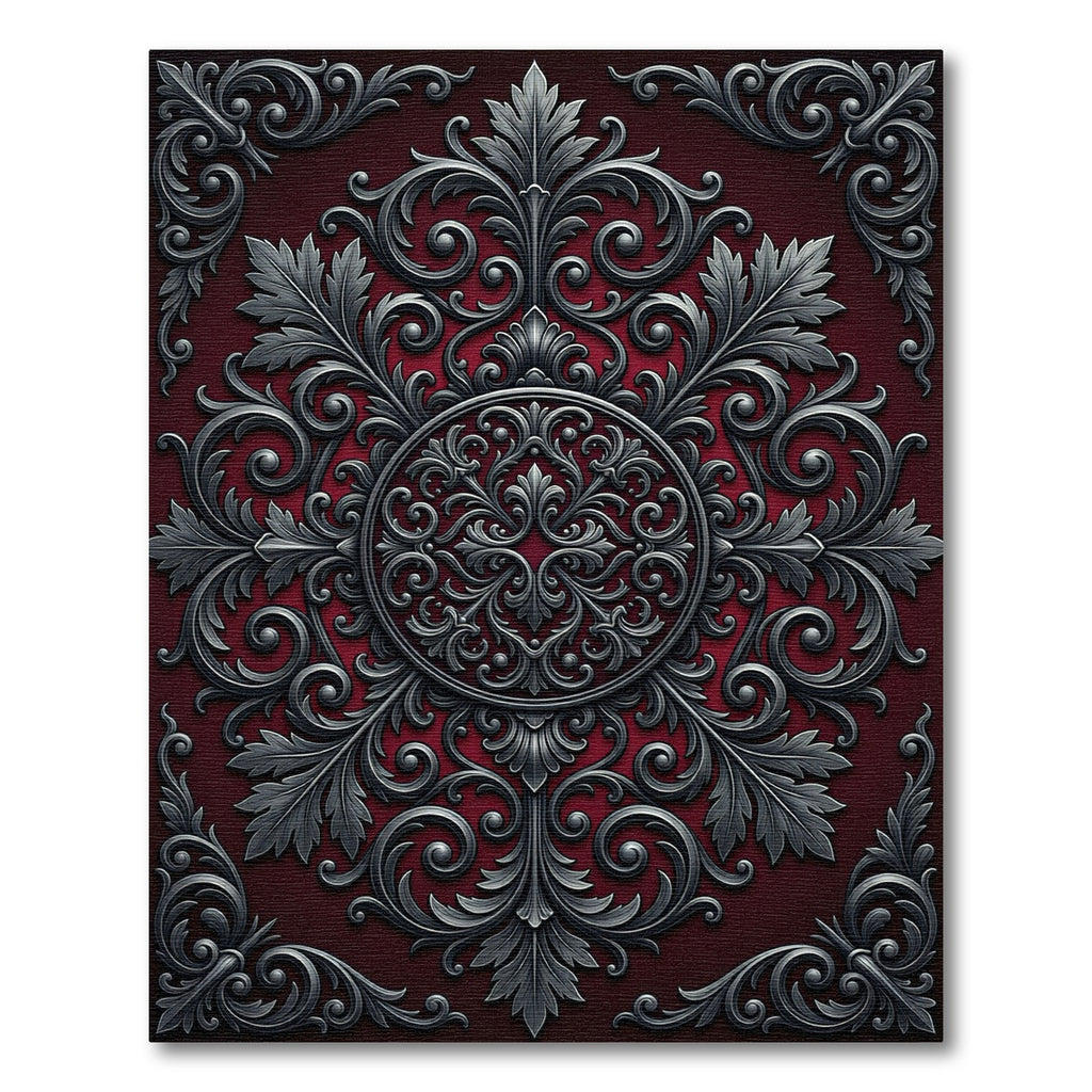 Ornate Silver Damask Crimson Circular Medallion Rug