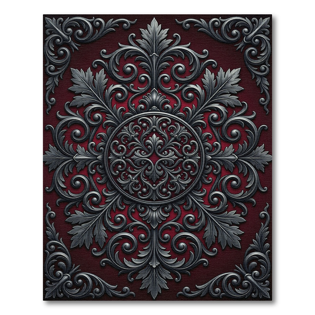 Ornate Silver Damask Crimson Circular Medallion Rug