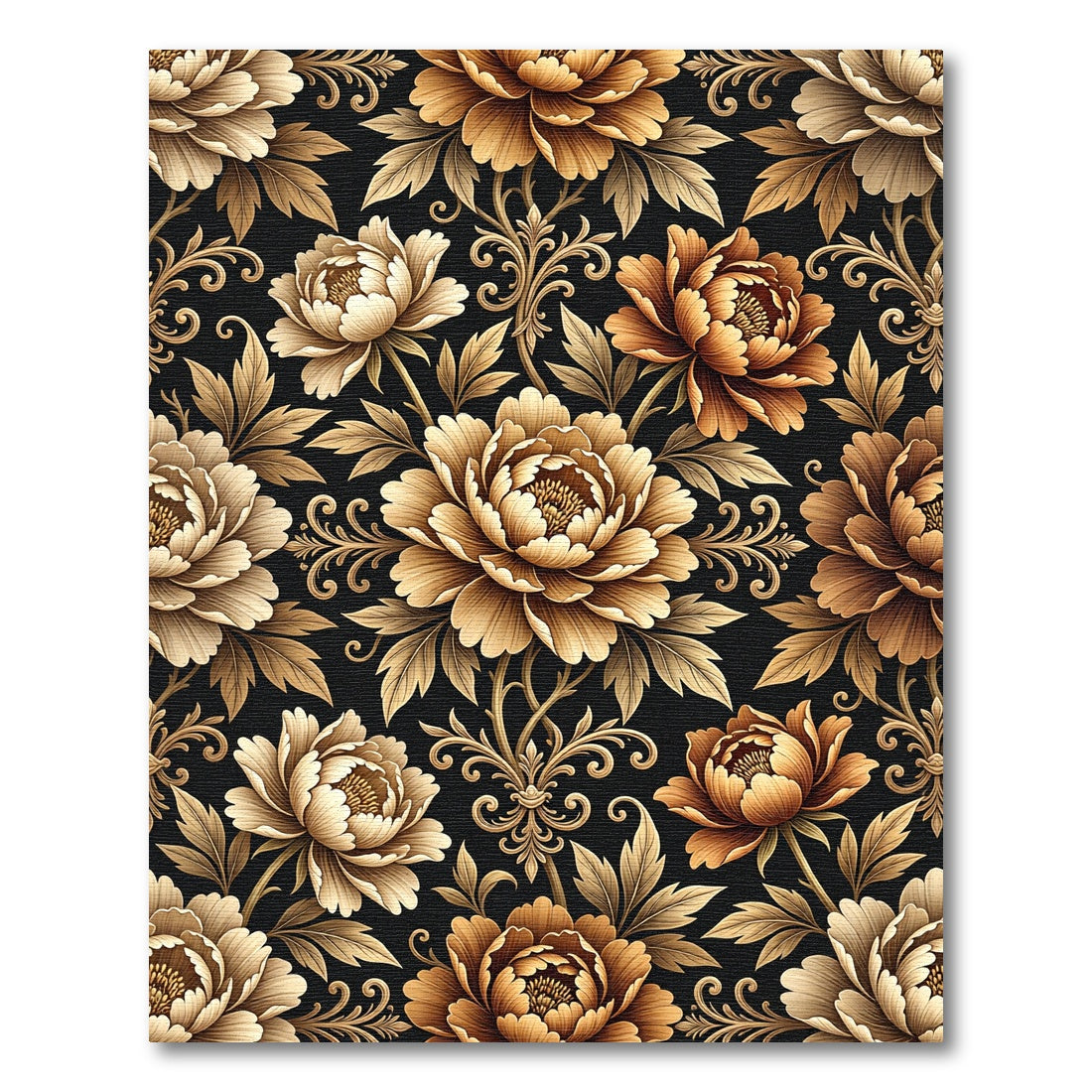 Golden Peony Floral Scroll Black Rug