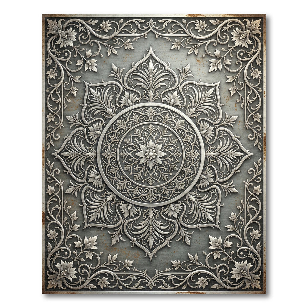 Elegant Silver Ornate Floral Medallion Rug