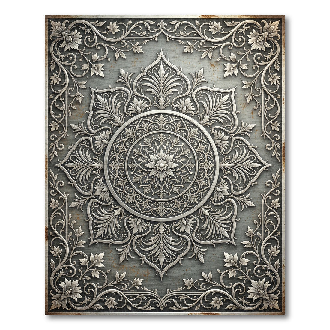 Elegant Silver Ornate Floral Medallion Rug
