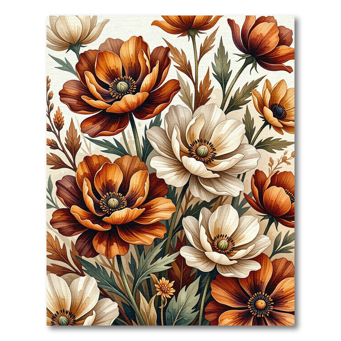 Autumn Botanical Poppy Floral Illustration Rug