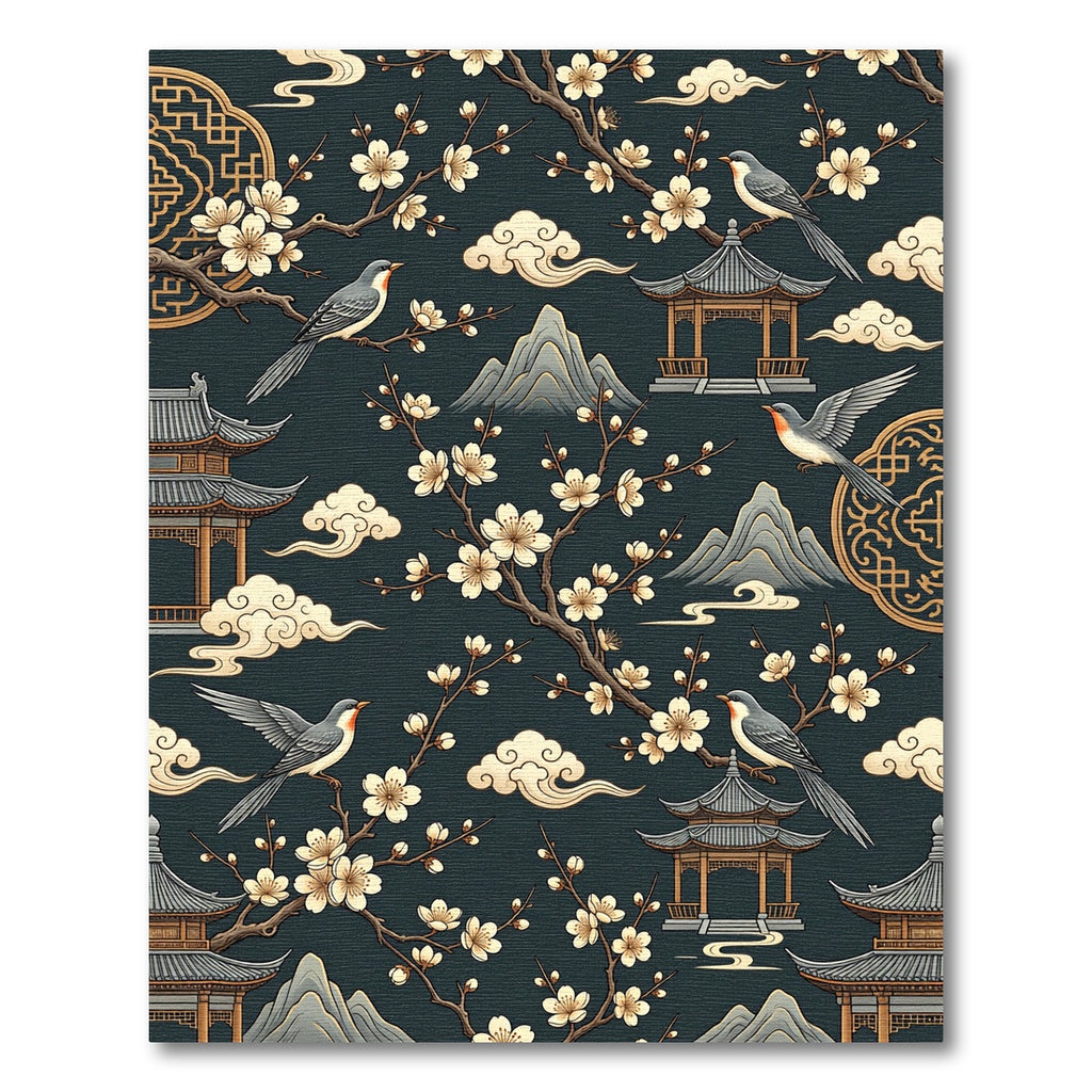 Serene Cherry Blossom Pagoda Bird Rug