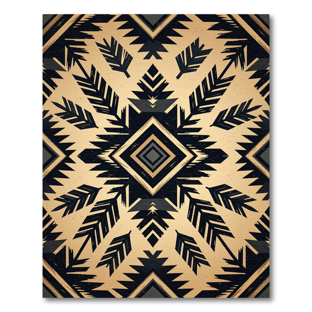 Golden Black Tribal Feather Diamond Rug