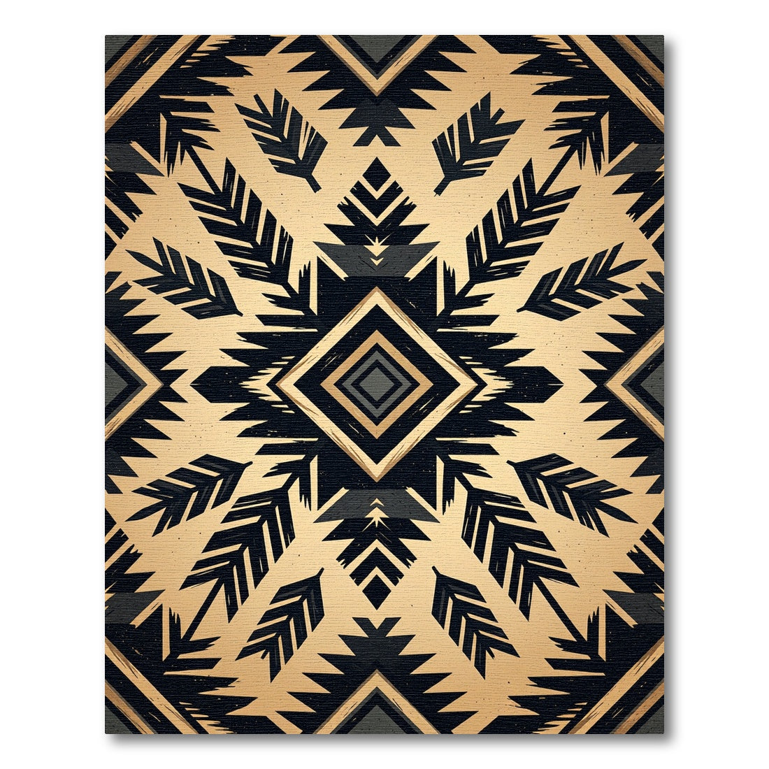 Golden Black Tribal Feather Diamond Rug