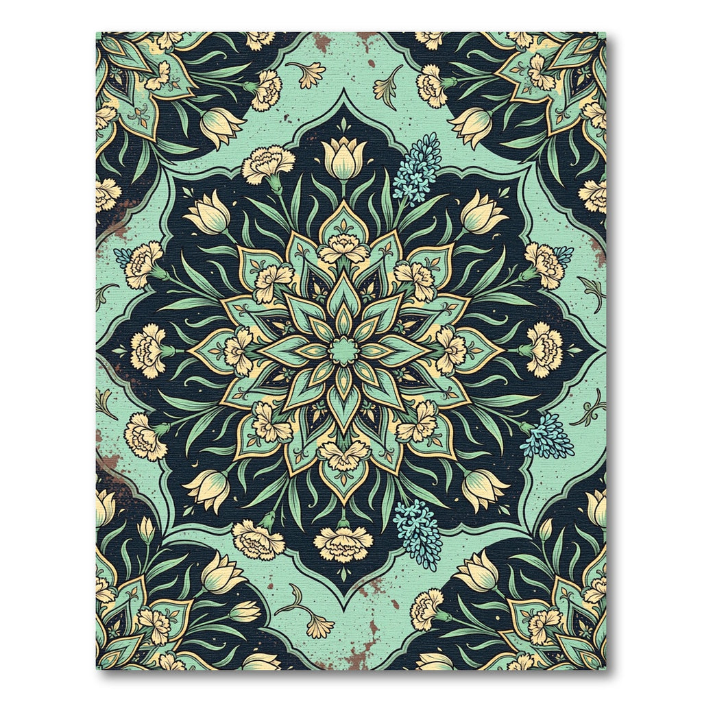 Turquoise Floral Medallion Mandala Garden Rug