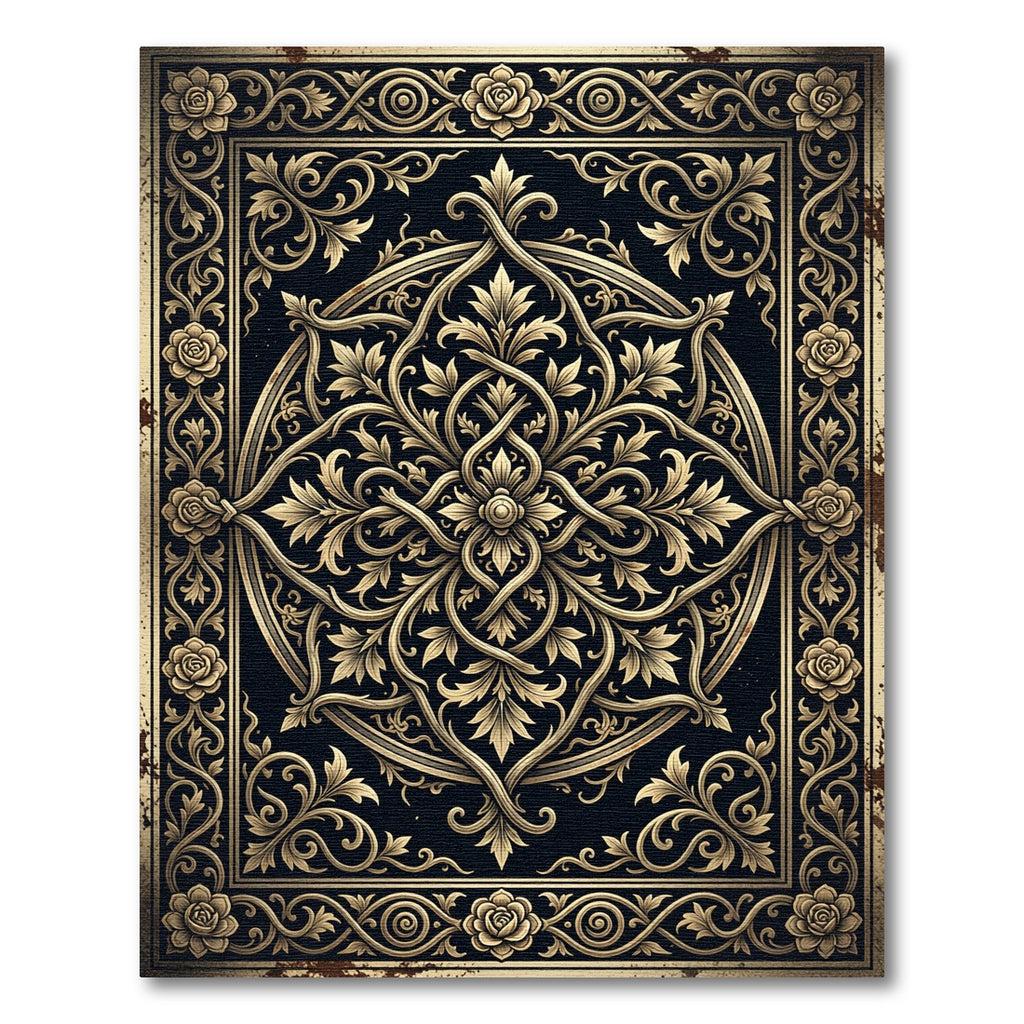 Ornate Black Gold Floral Damask Medallion Rug