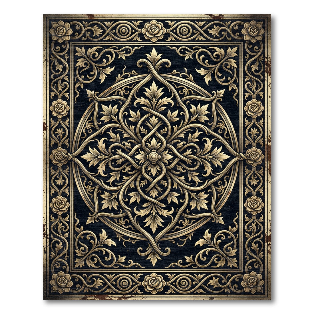 Ornate Black Gold Floral Damask Medallion Rug