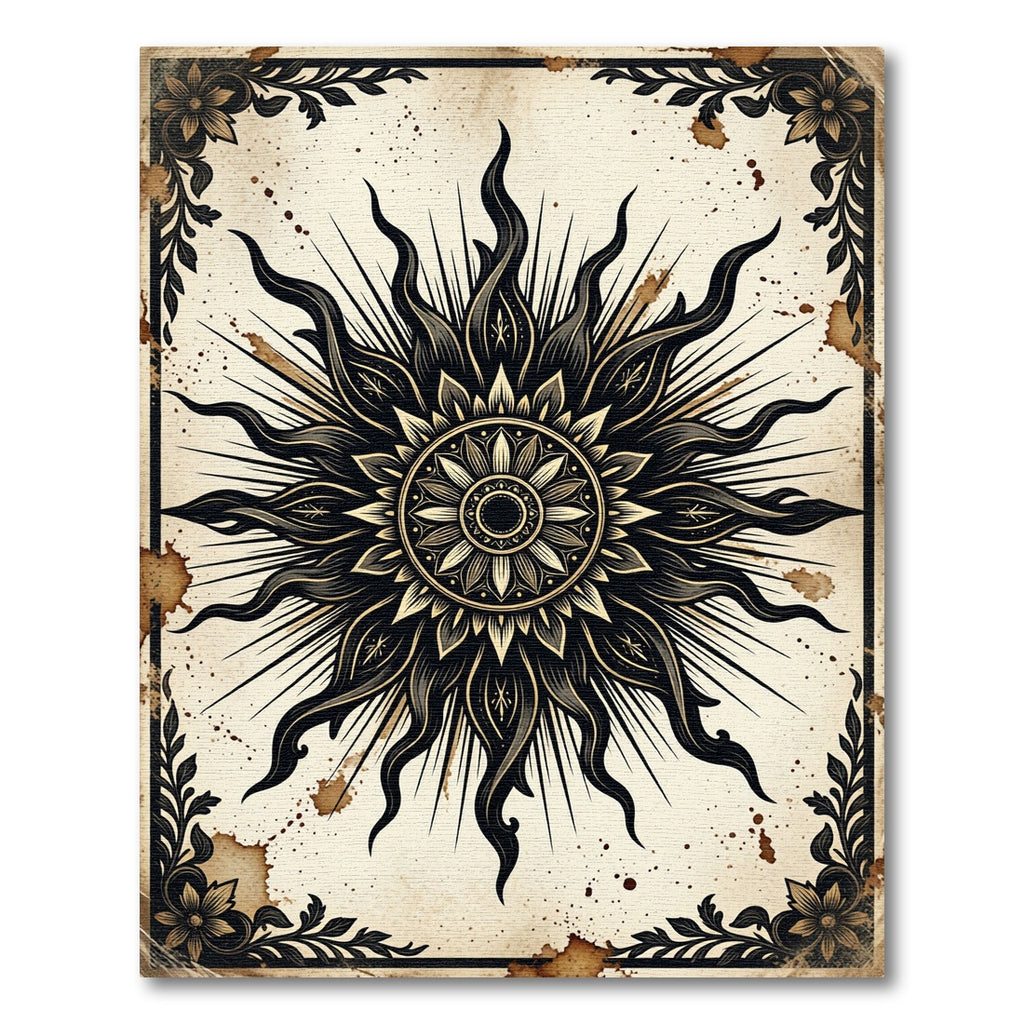 Black Ink Sunburst Celestial Mandala Rug