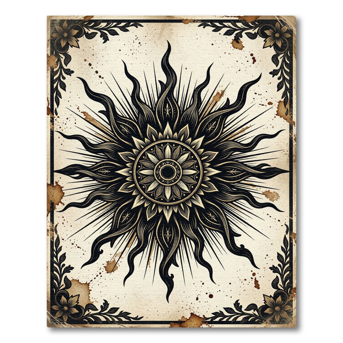 Black Ink Sunburst Celestial Mandala Rug