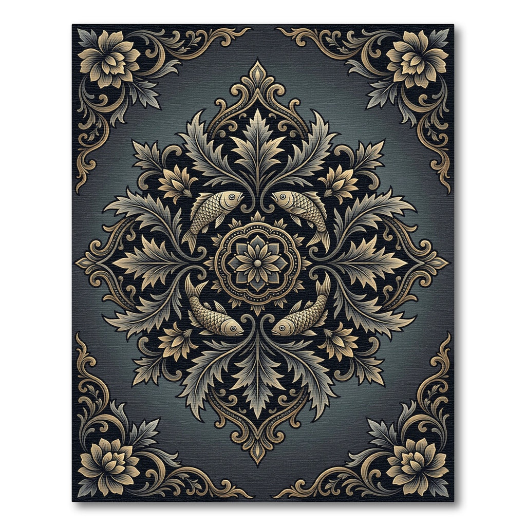 Antique Gold Fish Floral Medallion Rug