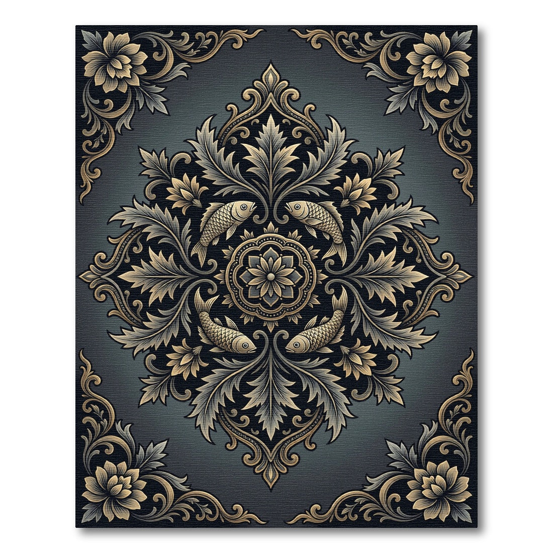 Antique Gold Fish Floral Medallion Rug