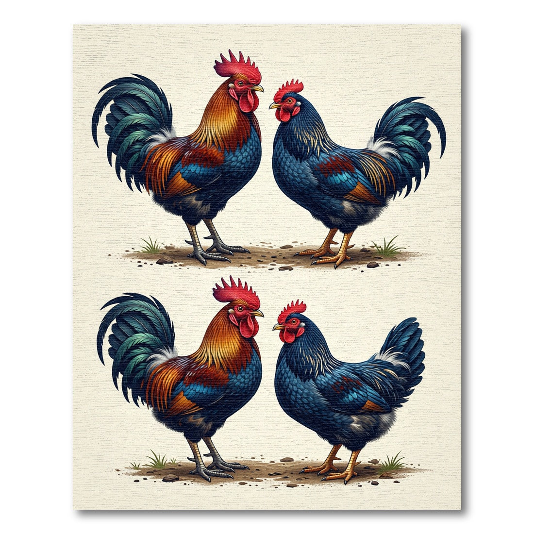 Vibrant Red and Blue Rooster Pair Rug