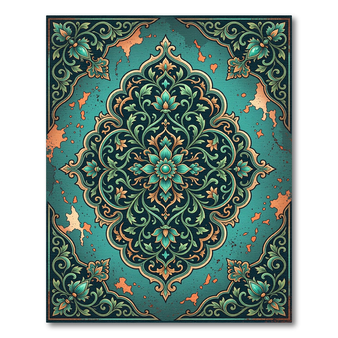 Teal Botanical Medallion with Copper Accents Rug