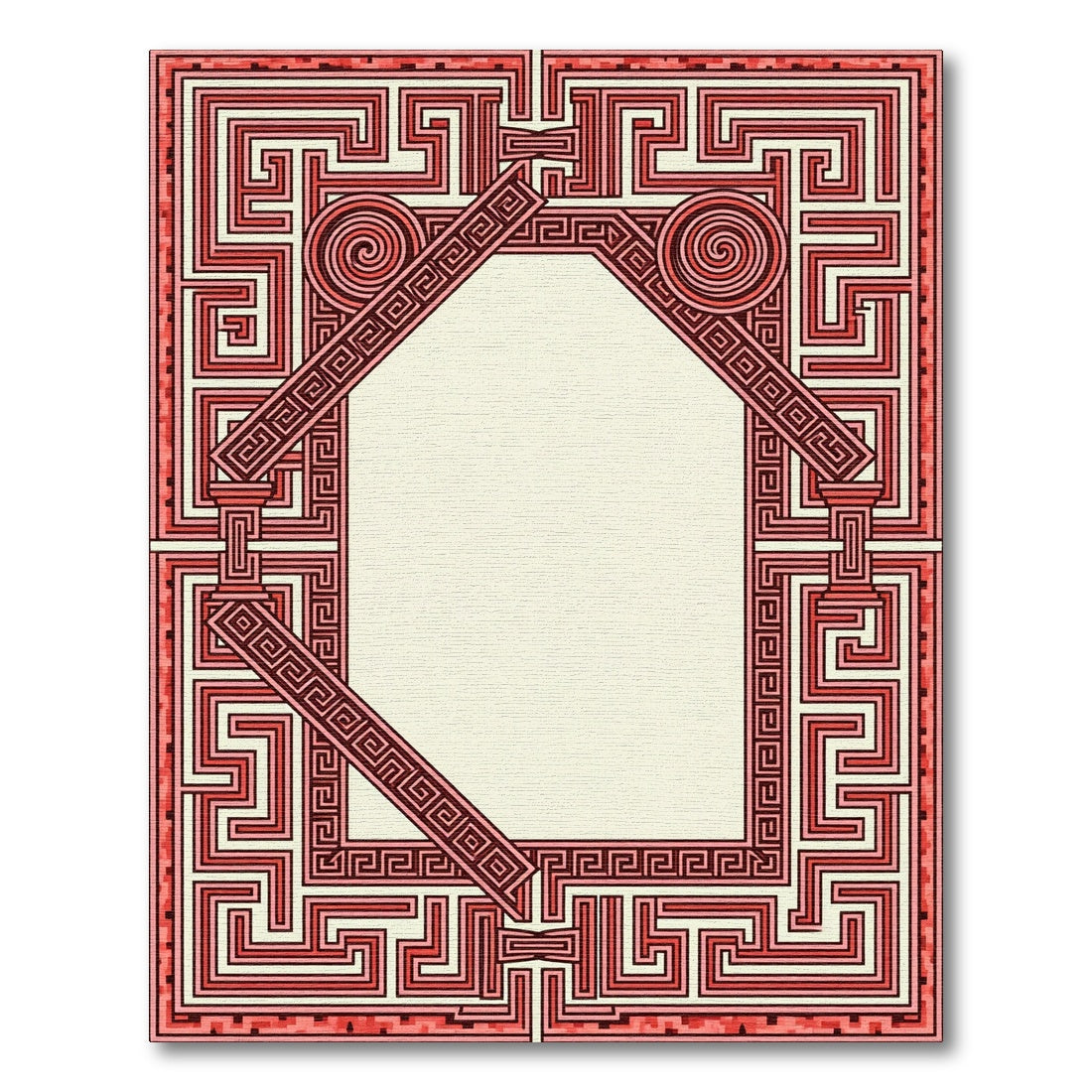 Crimson Maze Geometric Medallion Border Rug