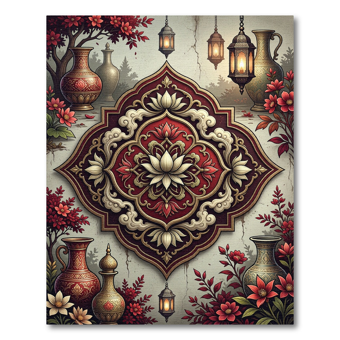 Luxurious Crimson Lotus Ornamental Medallion Rug