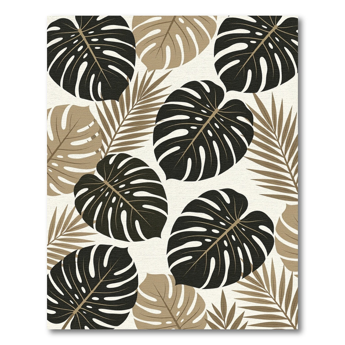 Tropical Monstera Palm Leaf Beige Black Rug